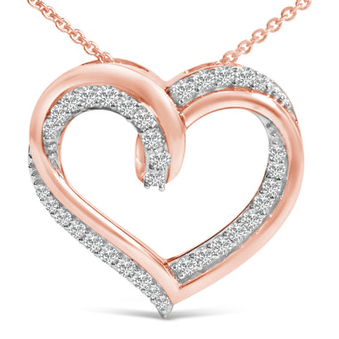 14K Rose Gold Plated Sterling Silver 1/2 Cttw Diamond Open Heart Pendant Necklace - 0