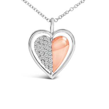 10K Rose Gold Plated Sterling Silver 1/5 Cttw Diamond Two-Tone Heart Pendant Necklace - 0