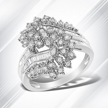 10K White Gold 1/2 Cttw Round and Baguette-Cut "S" Shaped Bypass Cocktail Ring (I-J Color, I1-I2 Clarity) - Size 7