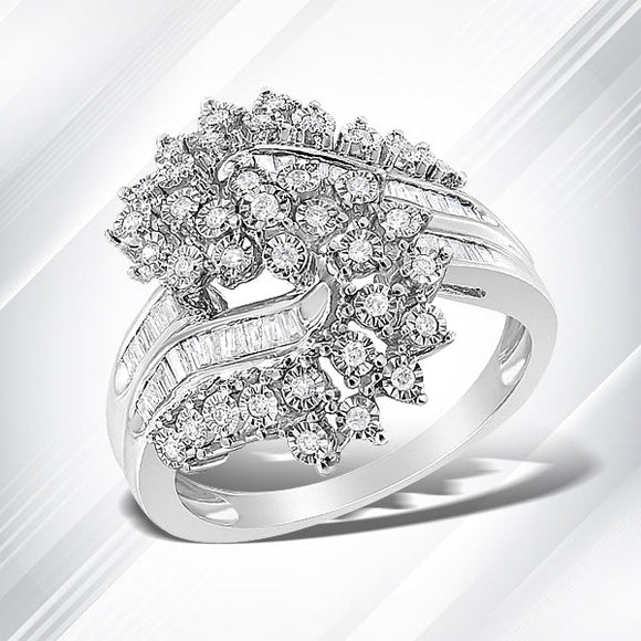 10K White Gold 1/2 Cttw Round and Baguette-Cut "S" Shaped Bypass Cocktail Ring (I-J Color, I1-I2 Clarity) - Size 7