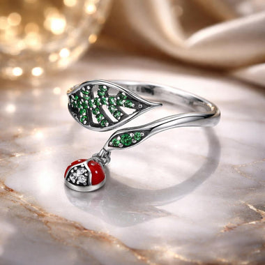 925 Sterling Silver Ring with Genuine Beetle and Leaf Design - 0.8x0.5cm, Women - 0
