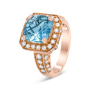 18K Rose Gold 10x10mm Cushion Shaped Aquamarine and 1 1/8 Cttw Round Diamond Halo Ring (F-G Color, VS1-VS2 Clarity) - Ring Size 6.5-4