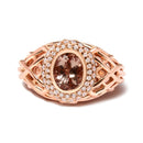 14K Rose Gold Oval Cut Light Pink Morganite and 3/8 Cttw Diamonds Halo and Basket Weave Cocktail Ring (G-H Color, SI1-SI2 Clarity) - Size 7-4