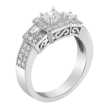 14K White Gold Round and Princess-Cut Diamond Three Stone Ring (1 Cttw, H-I Color, I1-I2 Clarity) - Size 7 - 0