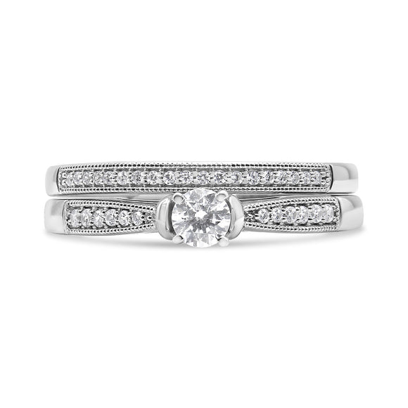 .925 Sterling Silver 1/3 Cttw Diamond Classic Engagement Ring Bridal Set with Milgrain (I-J Color, I3 Clarity) - Ring Size 7
