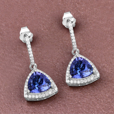 3.86 Carat Genuine Tanzanite and White Diamond 14K White Gold Earrings - 0