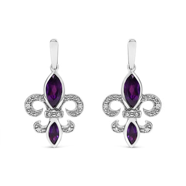 .925 Sterling Silver Marquise Cut Amethyst and Diamond Accent Fleur De Lis Dangle Stud Earrings (H-I Color, SI1-SI2 Clarity)