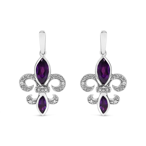 .925 Sterling Silver Marquise Cut Amethyst and Diamond Accent Fleur De Lis Dangle Stud Earrings (H-I Color, SI1-SI2 Clarity)