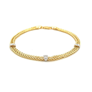 14k Two-Tone Gold Dual Wheat Chain Bracelet with Diamond Stations (.02 cttw) - 0