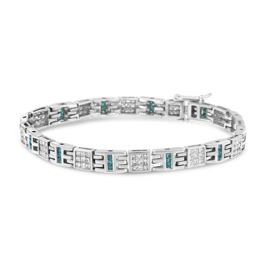 14K White Gold Princess-Cut white and Blue Diamond 3.00 cttw Fashion Link Bracelet (H-I Color, SI1-SI2 Clarity) - 0