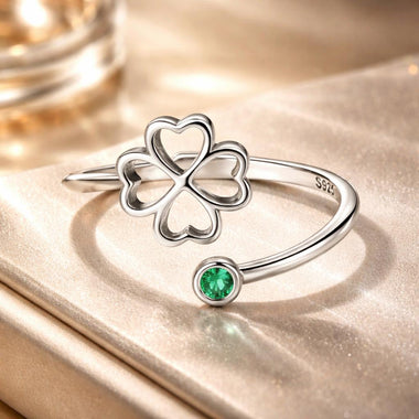 925 Sterling Silver Four-Leaf Clover Ring with Pavé CZ - 0.15cm Width - 0