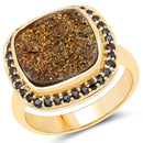 14K Yellow Gold Plated 6.19 Carat Genuine Drusy Quartz and Black Spinel .925 Sterling Silver Ring-1