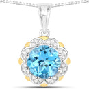 2.32 Carat Genuine Swiss Blue Topaz and White Diamond 14K Yellow Gold with .925 Sterling Silver Pendant-1