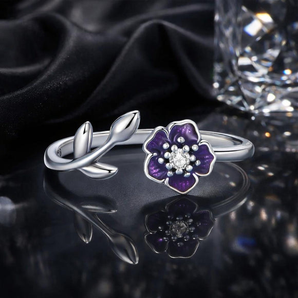 925 Sterling Silver Oxidized Flower Design Ring with Pavé Setting CZ