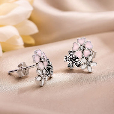 925 Sterling Silver Earrings with Pavé Setting, Oxidized Silver, Enamel - 1.0 x 1.1 cm for Women - 0