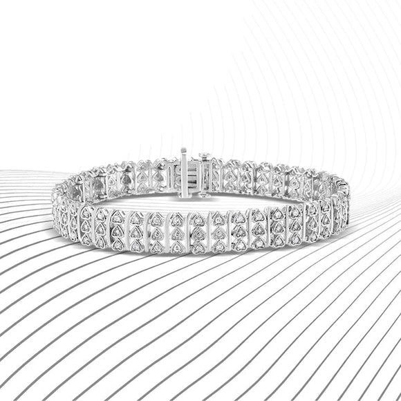 .925 Sterling Silver 1.00 Cttw Diamond Multi Row Heart Link Bracelet (H-I Color, I1-I2 Clarity) - 7.25" Inches