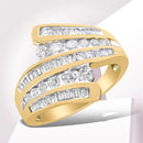 10K Yellow Gold 1 Cttw Round and Baguette-Cut Diamond Multi Row Bypass Ring Band (H-I Color, I1-I2 Clarity) - Ring Size 7-1