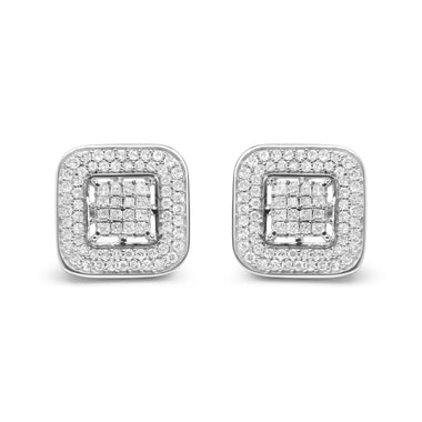 10K White Gold 1.0 Cttw Round and Princess Cut Diamond Composite Open Halo Stud Earrings (H-I Color, SI1-SI2 Clarity)