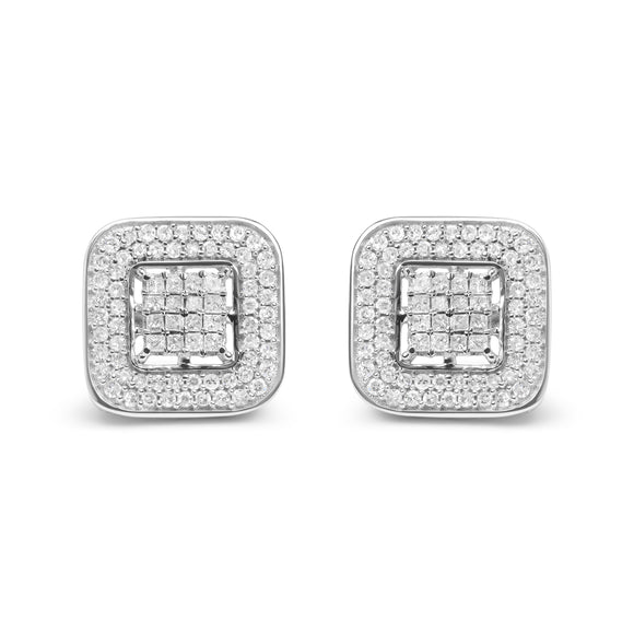 10K White Gold 1.0 Cttw Round and Princess Cut Diamond Composite Open Halo Stud Earrings (H-I Color, SI1-SI2 Clarity)
