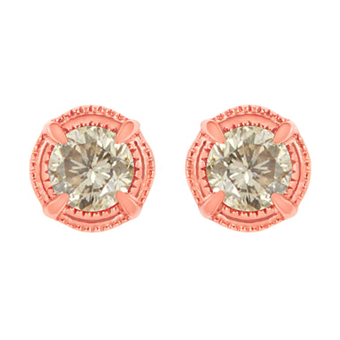 14K Yellow Gold Plated .925 Sterling Silver 1.0 Cttw Round Brilliant Cut Diamond Solitaire Milgrain Stud Earrings (K-L Color, I2-I3 Clarity)