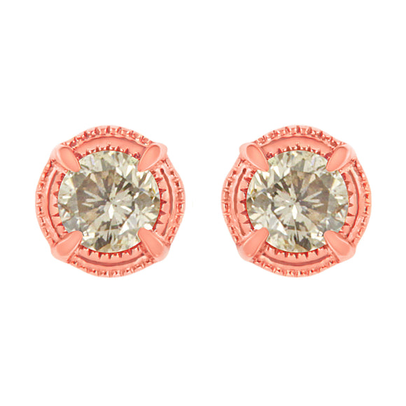 14K Yellow Gold Plated .925 Sterling Silver 1.0 Cttw Round Brilliant Cut Diamond Solitaire Milgrain Stud Earrings (K-L Color, I2-I3 Clarity)