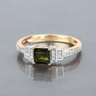 0.72 Carat Genuine Green Tourmaline and White Diamond 14K Yellow Gold Ring - 0