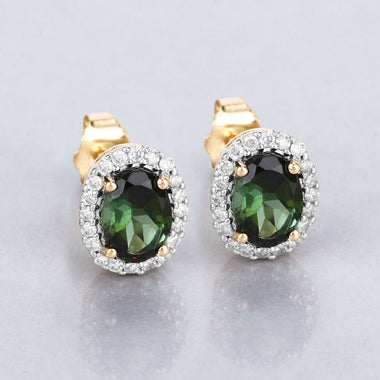 1.92 Carat Genuine Green Tourmaline and White Diamond 14K Yellow Gold Earrings - 0