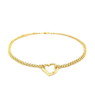 10k Yellow Gold Double Rolo Chain Anklet with an Open Heart Station - 0