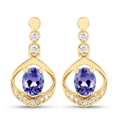 0.76 Carat Genuine Tanzanite and White Diamond 14K Yellow Gold Earrings
