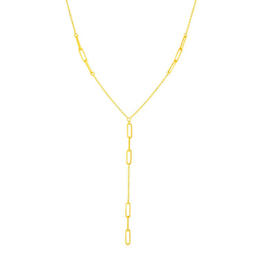 14K Yellow Gold Lariat Necklace with Paperclip Chain Stations
