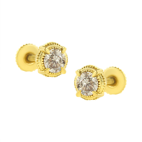 14K Yellow Gold Plated .925 Sterling Silver 1.0 Cttw Round Brilliant Cut Diamond Solitaire Milgrain Stud Earrings (K-L Color, I2-I3 Clarity)