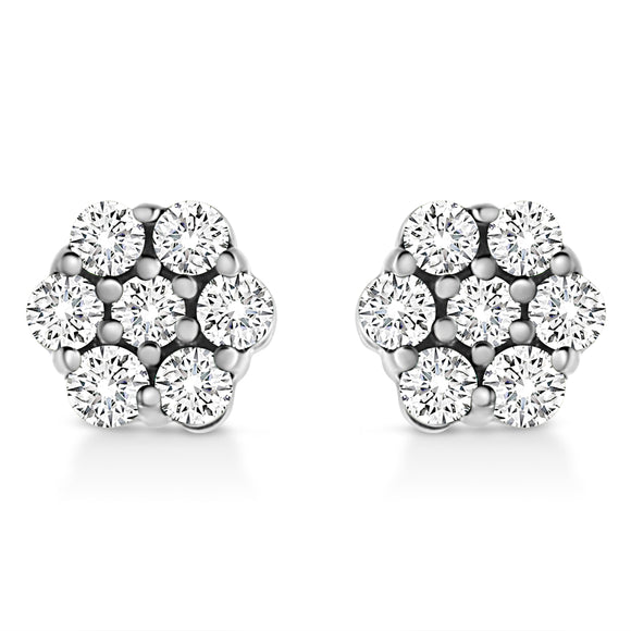 14K White Gold 1/2 Cttw Prong Set Round-Cut Diamond Flower Stud Earring (H-I Color, I1-I2 Clarity)