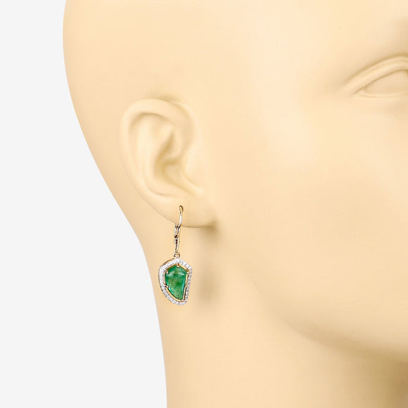 7.56 Carat Genuine Colombian Emerald and White Diamond 14K Yellow Gold Earrings