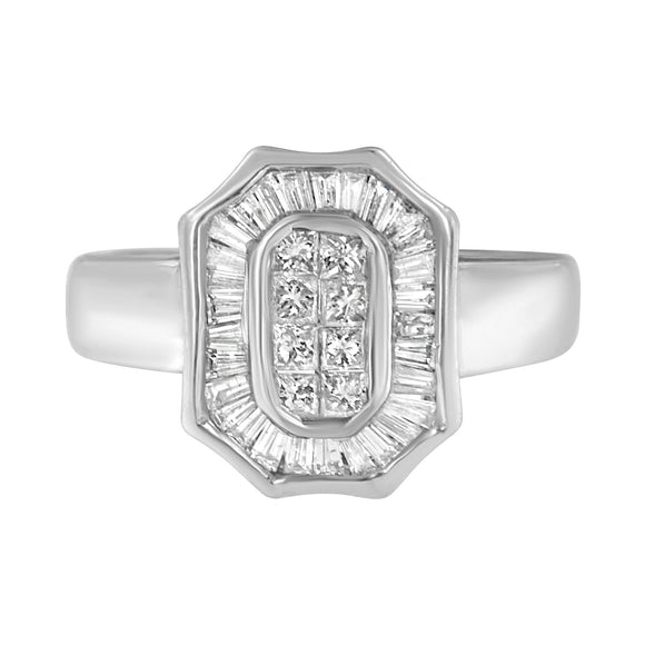14K White Gold 1.00 Cttw Baguette and Princess-Cut Diamond Cocktail Art Deco Style Ring (H-I Color, SI1-SI2 Clarity) - Size 7