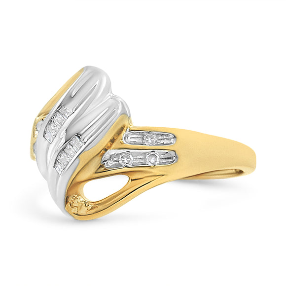 10K Yellow and White Gold 1.00 Cttw Round And Baguette-Cut Diamond Accent Bypass Ring (H-I Color, I2-I3 Clarity) - Ring Size 7