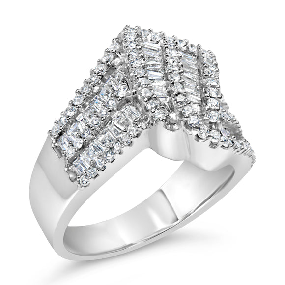 14K White Gold 1-1/2 Cttw Round and Baguette Diamond Bypass Cocktail Ring Band (H-I Color, SI1-SI2 Clarity) - Size 7