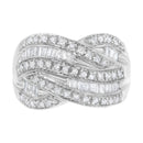 .925 Sterling Silver 1.0 Cttw Channel Set Alternating Round and Baguette Diamond Cross-over Bypass Ring Band (I-J Color, I2-I3 Clarity) - Size 7-5
