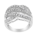 .925 Sterling Silver 1.0 Cttw Channel Set Alternating Round and Baguette Diamond Cross-over Bypass Ring Band (I-J Color, I2-I3 Clarity) - Size 7-7