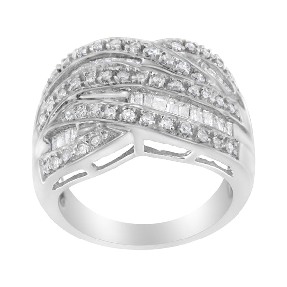 .925 Sterling Silver 1.0 Cttw Channel Set Alternating Round and Baguette Diamond Cross-over Bypass Ring Band (I-J Color, I2-I3 Clarity) - Size 7