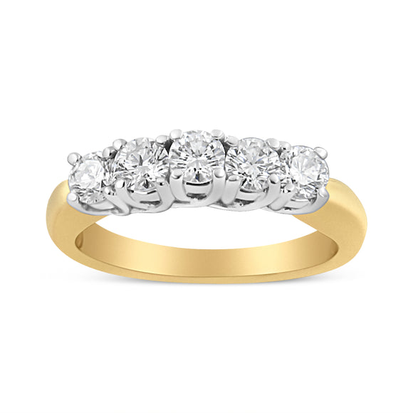 18K Yellow Gold 1.0 Cttw 4 Prong Set Round Cut Diamond Step up 5 Stone Ring Band (F-G Color, SI1-SI2 Clarity) - Size 6
