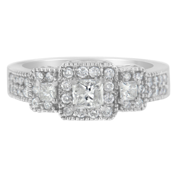 14K White Gold Round and Princess-Cut Diamond Three Stone Ring (1 Cttw, H-I Color, I1-I2 Clarity) - Size 7