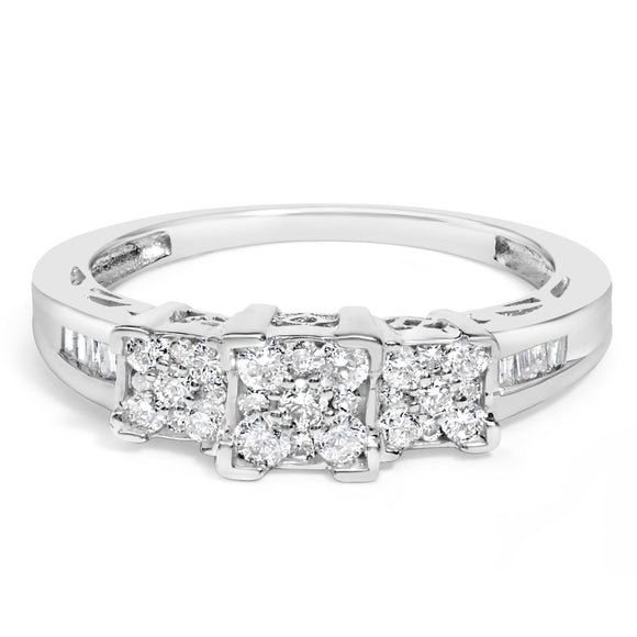 10K White Gold 1/2 Cttw Brilliant & Baguette Cut Diamond 3 Stone Design with 3 Square Clusters Engagement Ring (H-I Color, SI2-I1 Clarity) - Size 6-3/4