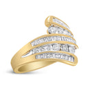 10K Yellow Gold 1 Cttw Round and Baguette-Cut Diamond Multi Row Bypass Ring Band (H-I Color, I1-I2 Clarity) - Ring Size 7-9