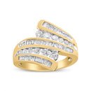 10K Yellow Gold 1 Cttw Round and Baguette-Cut Diamond Multi Row Bypass Ring Band (H-I Color, I1-I2 Clarity) - Ring Size 7-10