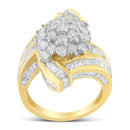 10K Yellow Gold Round and Baguette Diamond Crossover Cluster Ring (3 Cttw, I-J Color, I1-I2 Clarity) - Size 7-1/2-8