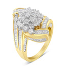 10K Yellow Gold Round and Baguette Diamond Crossover Cluster Ring (3 Cttw, I-J Color, I1-I2 Clarity) - Size 7-1/2-9