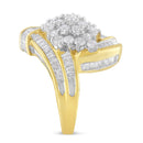 10K Yellow Gold Round and Baguette Diamond Crossover Cluster Ring (3 Cttw, I-J Color, I1-I2 Clarity) - Size 7-1/2-10