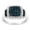 Black Rhodium Plated .925 Sterling Silver 1/2 Cttw White & Blue Diamond Square Halo Cocktail Ring (Fancy Blue & H-I Color, I2-I3 Clarity) - SIze 6-7