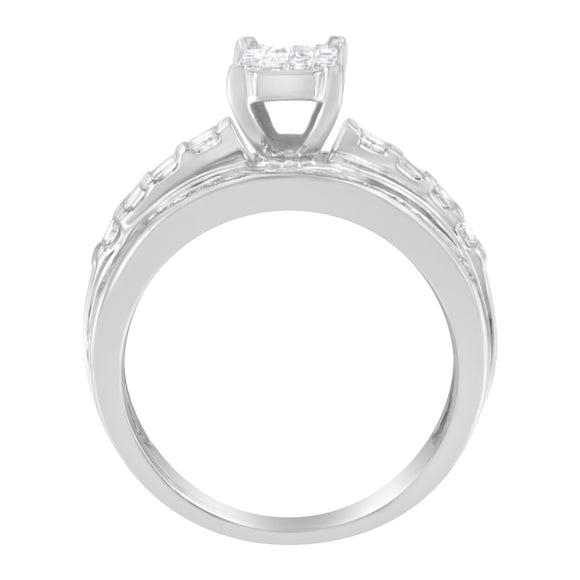 14K White Gold 1.0 Cttw Mixed-Cut Diamond Rectangle Invisible-Set Composite Cluster Ring with Bar- and Channel-Set Band (H-I Color, SI2-I1 Clarity) - Size 7