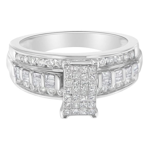 14K White Gold 1.0 Cttw Mixed-Cut Diamond Rectangle Invisible-Set Composite Cluster Ring with Bar- and Channel-Set Band (H-I Color, SI2-I1 Clarity) - Size 7